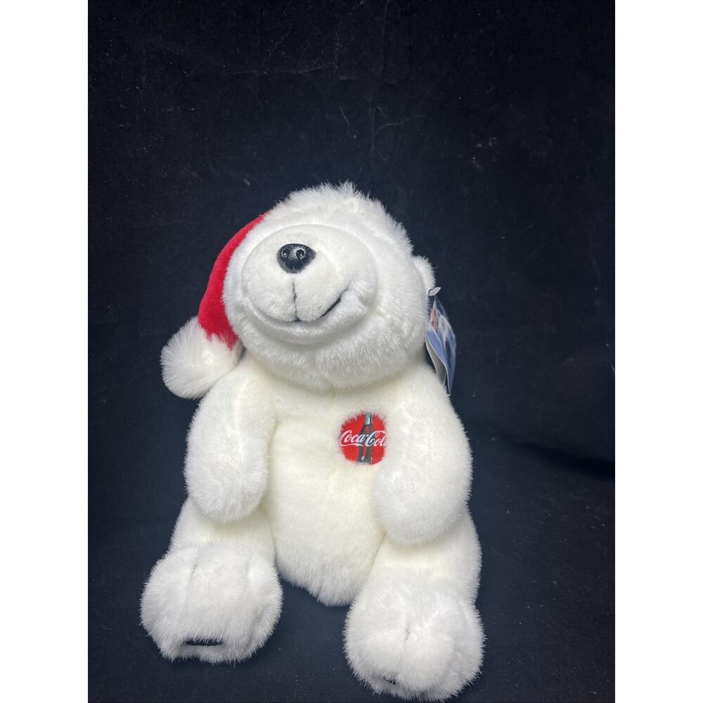 Coca Cola Bear 1996 12" Plush Stuffed Animal White Polar With Santa Hat Vintage - Picture 1 of 9